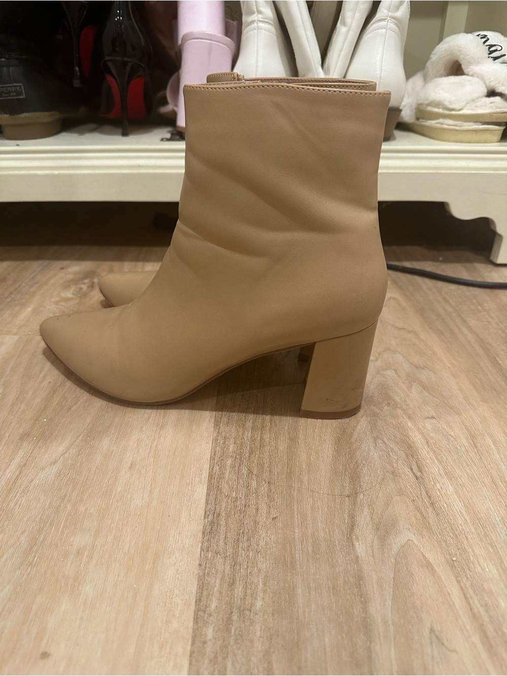 Lulu's Nude Tan Pointed Toe Block Heel Ankle Boots
